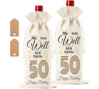 50th Birthday Burlap Wine Gift Bag, Birthday Wine Bag with Drawstring, 50 Old Anniversary Present Bottle Cover, Backing 1975 Vintage Party Gift for Men Women Family Friends