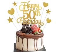 50th Birthday Cake Decorations, 7Pcs Personalised Happy 50th Birthday Cake Topper with Heart Star Cupcake Picks, Gold Glitter Happy 50 Years Old Birthday Sign for Birthday Party Supplies