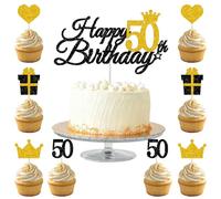 50th Birthday Cake Topper Black Gold - Elegant Happy Birthday 50 Cake Decorations Set with 1 Large & 8 Small Inserts - Non-Edible Golden Milestone Celebration Topper for Women & Men