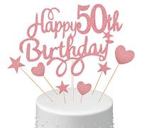 50th Birthday Cake Topper Set, Happy 50th Birthday Cake Topper with Heart Star Cupcake Picks Glitter Decoration for Party Supplies, Rose Gold