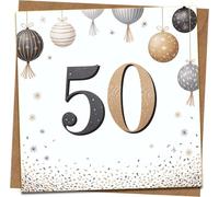 50th Birthday Card - 145mm x 145mm Square, Gold & Silver Balloons Design, Milestone Greeting Card for Him or Her, Blank Inside, Includes Kraft Envelope