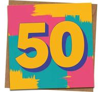 50th Birthday Card - Bright Bold Number Design - 145mm x 145mm Square Greeting with Kraft Envelope - Fun Milestone Celebration Card for Him or Her