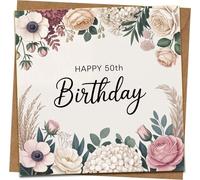 50th Birthday Card, Floral Square Greeting 145mm x 145mm with Kraft Envelope, Elegant Botanical Design, Happy 50th Card for Women Men, Mum Dad Wife Husband Friend