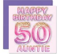 50th Birthday Card for Auntie - Pink & Purple Glitter Balloons - Happy Birthday Cards for 50 Year Old Aunt Aunty from Nephew Niece, 145mm Bday Greeting Cards Gift