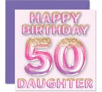 50th Birthday Card for Daughter - Pink & Purple Glitter Balloons - Happy Birthday Cards for 50 Year Old Daughter from Mum Dad Parents, 145mm Bday Greeting Cards Gift