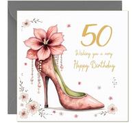 50th Birthday Card For Her Female Pink & Gold Floral Heels Design - Beautiful Birthday Card for 50 Year old fifty, fiftieth