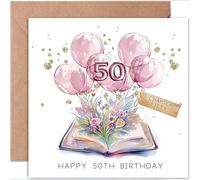 50th Birthday Card for Her-Folded Card,Open Book Watercolour Illustration-Flowers&Balloons Blooming from Pages- Happy 50th Birthday,Blank Inside for Women,Mum,Sister,Grandma-Book Lover Gift