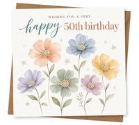 50th Birthday Card for Her, Pastel Blooms & Script | Stylish milestone look: soft pastel blooms with “Wishing You a Very Happy 50th Birthday” on the front.