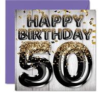 50th Birthday Card for Men - Black & Gold Glitter Balloons - Happy Birthday Cards for 50 Year Old Man Dad Grandad Grandpa Gran Uncle, 145mm Bday Greeting Cards Gift