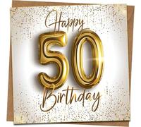 50th Birthday Card for Men or Women - Gold Balloon Design with Confetti, Square 145mm x 145mm, Luxury Happy 50 Greeting Card with Kraft Envelope
