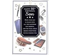50th Birthday Card For Son. Modern Design Card With A Watch, Wallet, Keys ETC.