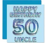 50th Birthday Card for Uncle - Blue Glitter Party Balloons - Happy Birthday Cards for 50 Year Old Uncle from Nephew Niece, 145mm Bday Greeting Cards Gift