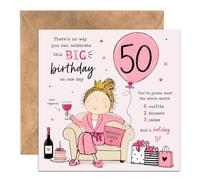 50th Birthday Card for Women, Funny Milestone Greeting Card for Her, Happy 50th Birthday Queen Design with 6 Outfits 2 Dinners 3 Cakes, Blank Inside for Female Friend Sister Mum Daughter