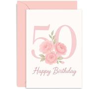 50th Birthday Card for Women - Pink Peonies Floral Birthday Cards for 80 Year Old Woman Fifty Fiftieth Ladies Nan Grandma Mum Aunt Sister Mom Friend Gift