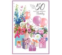 50th Birthday Card - Laides Female For Her Flowers Age 50 - Size: 7.5" x 5.25" (50Fd)