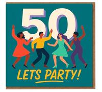 50th Birthday Card - LETS PARTY! Big 50 with Dancing Figures, Colourful Party Illustration - Fun Milestone Celebration for Him or Her, Friends or Family