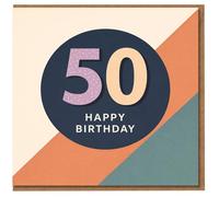 50th Birthday Card - Modern Geometric Design with Bold 50 and Happy Birthday Message - Navy, Peach and Teal Colour Blocks - Elegant Milestone Card