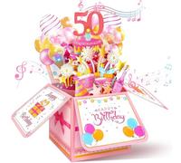 50th Birthday Card Musical Pop Up Card With Blow Out LED Candle | Pink Gift Box Design, Lights and Birthday Song, Keepsake Card With Envelope, Milestone Gift for Women Turning Fifty