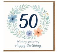 50th Birthday Card - Watercolour Floral Wreath Design - Elegant Milestone Card for Her or Him - 'Wishing You a Very Happy Birthday'