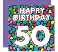 50th Birthday Cards for Men Women - Funky Rainbow Dots - Happy Birthday Card for 50 Year Old Man Woman Son Sister Nan Husband, 145mm Bday Greeting Cards