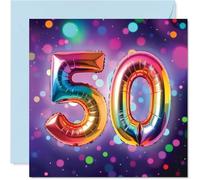 50th Birthday Cards for Men Women - Rainbow Foil Balloon - Happy Birthday Card for 50 Year Old Man Woman Grandma Friend Auntie Neighbour, 145mm Bday Greeting Cards