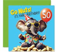 50th Birthday Cards for Women Men - Elephant Go Nuts! Its Your Birthday! - Happy Bday Card for 50 Year Old Woman Man Dad Grandma Cousin Wife, 145mm Bday Greeting Cards