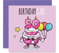 50th Birthday Cards for Women, Birthday Cake Girl Balloons | Happy Birthday Card for 50 Year Old Woman Nanny Cousin Colleague Wife, 145mm Bday Greeting Cards