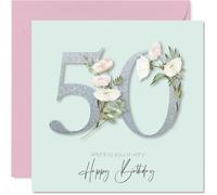 50th Birthday Cards for Women - Fancy Floral Flowers - Happy Birthday Card for 50 Year Old Woman Sister Colleague Daughter Auntie, 145mm Bday Greeting Cards