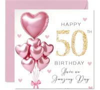 50th Birthday Cards for Women - Pink Glitter Balloons - Happy Birthday Card for 50 Year Old Woman Sister Cousin Friend Daughter, 145mm Bday Greeting Cards