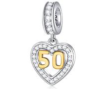 50th Birthday Charms fit Pandora Mothers Day Bracelet, Gold Plated Number 50 Dangle, 925 Sterling Silver 50 Anniversary Heart Necklace Beads with CZ, Gifts for Grandma/Godmom/Nana