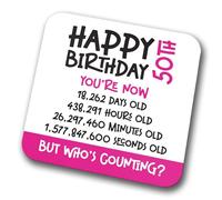 50th Birthday Coaster - Celebrate 50 Years in Seconds, Minutes, Hours, and Days. Novelty Drink Coasters for Tea and Coffee for Christmas and Birthdays (Modern) (Pink, 50 Years Old)