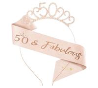 50th Birthday Crown and Sash, Crystal Tiara Crowns Kit for 50th Birthday Gifts, Party Accessories for Girls Women 50 of Birth day Party (Rose Gold)