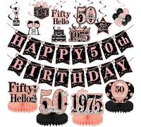 50th Birthday Decoration Banner Centerpieces - 15 Pcs Rose Gold Banners Hanging Swirls Honeycomb Centerpieces For Women Retro Happy 50th Party Anniversary Fifty Years Old Decoration Supplies