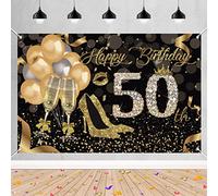 50th Birthday Decoration for Women Happy 50th Birthday Backdrop Party Background Shining Glitter Gold Spots Black and Gold Party Banner Photo Studio Props, 150 cm x 90 cm