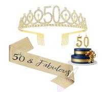 50th Birthday Decoration Set: Crown, Sash & Number 50 Cake Candles, Ideal for 50th Party Decorations & Happy Birthday Celebrations