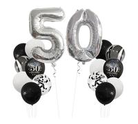50th Birthday Decorations, 50th Birthday Balloons, Silver Balloon - Black & Silver Party Set with Foil "50" Number Balloon,12Pcs 12 Inch & 2Pcs 10 Inch Latex Balloons for Party Decor