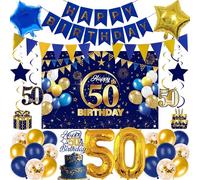 50th Birthday Decorations Balloons Banner - 33 Pcs Blue Gold Banners Foil Balloons Number 50 Star Backdrop Hanging Swirls Cake Topper for Men Women Cheers to 50 Party Decor Supplies