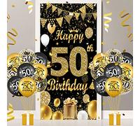 50th Birthday Decorations Black and Gold Happy 50th Birthday Door Cover Banner and 18 PCS Black Gold Happy 50th Birthday Balloons for Men and Women 50th Birthday Anniversary Decor Party Supplies