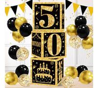 50th Birthday Decorations Boxes For Men Women - 3pcs Black Gold Happy 50th Balloons Boxes, 50 Year Old Party Supplies Birthday Table Decorations For Men Women