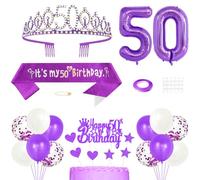 50th Birthday Decorations for Girls, Princess Crown Queen Tiara, It's My 50th Birthday Sash, 50 Year old Cake Topper, Number Balloons Set for Party Supplies, Purple