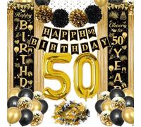 50th Birthday Decorations for Men and Women, Black Gold 50th Birthday Balloons, Number Foil 50 Balloon, 50th Happy Birthday Banners, Happy Birthday Garland Balloons Black Gold Decor for Women Men
