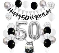 50th Birthday Decorations for Men and Women - Black, Silver, White Balloons, Happy Banner, Cake Topper, Number 50 Balloon for Party Decoration