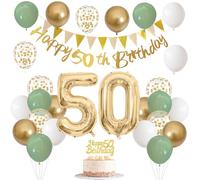 50th Birthday Decorations for Men and Women - Sage Green, White, Gold Balloons With Happy Birthday Banner, Cake Decoration, Number 50 Balloon for Party Decor