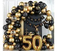 50th Birthday Decorations for Men Black and Gold Balloons Arch Kit with Number Foil Confetti Balloons Happy Birthday Bunting Banner Black Gold Party Decor for 40 Years Old Women Wedding Anniversary