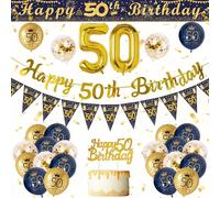 50th Birthday Decorations for Men, Blue Gold 50 Birthday Decorations,Happy 50th Birthday Banner,50th Balloons,270 * 15cm Cuttable Banner,Foil Balloons,Cake Topper 50 Birthday Party Supplies for Men