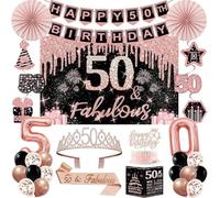 50th Birthday Decorations for Women, 32 Pieces 50th Birthday Party Kits Including Background, Crown, Sash, Hanging Swirls, Cake Toppers, Balloons, Anniversary Card and Paper Fans