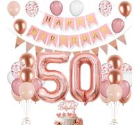 50th Birthday Decorations for Women,50th Birthday Balloons with Number 50 Foil Balloon Rose Gold Pink and White Balloons with Happy Birthday Banner Birthday Cake Topper for 50th Party Decorations
