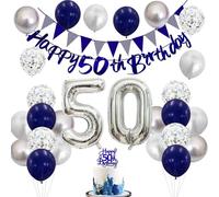 50th Birthday Decorations for Women and Men - Blue Silver Party Set with Happy Birthday Banner, Number Balloons, Cake Topper and Bunting for Elegant 50th Birthday Party, Home or Garden Celebrations