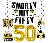50th Birthday Decorations for Women, Black Gold Happy 50th Birthday Banner Pre-Strung Glitter Shorty Hit Fifty Banner Funny 50 Foil Balloons Cheers to 50 Hanging Swirls Party Supplies Sign 8PCS