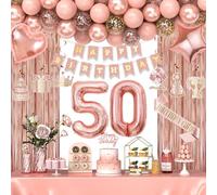 50th Birthday Decorations for Women Girls, Happy 50 Birthday Decorations for Her, Rose Gold Birthday Party Supplies with Banner, Number Balloons, Fringe Curtains, Hanging Swirls
